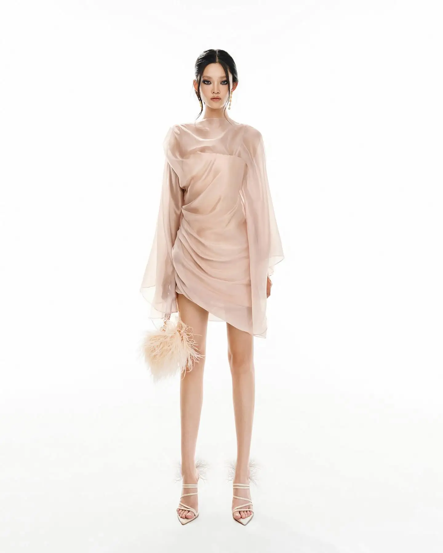 Unique Sheer Mesh Short Dresses Women's Champagne Pleated Summer Maxi Dresses Long Sleeve Mini Mermaid Cocktail Party Gowns 2025