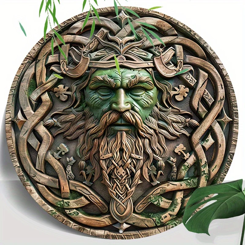 Green Man Face Aluminum Wall Art, 8-Inch, Celtic Style Carved Design Sign, Pre-Drilled, Weatherproof and HD Printed Metal Decor