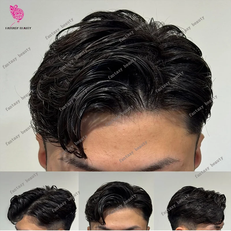 

Jet Black Human Hair Men's Durable Silicon Skin 0.1mm Thin PU Base Hair Replacemen System Durable Natural Hairline Man Cheap Wig