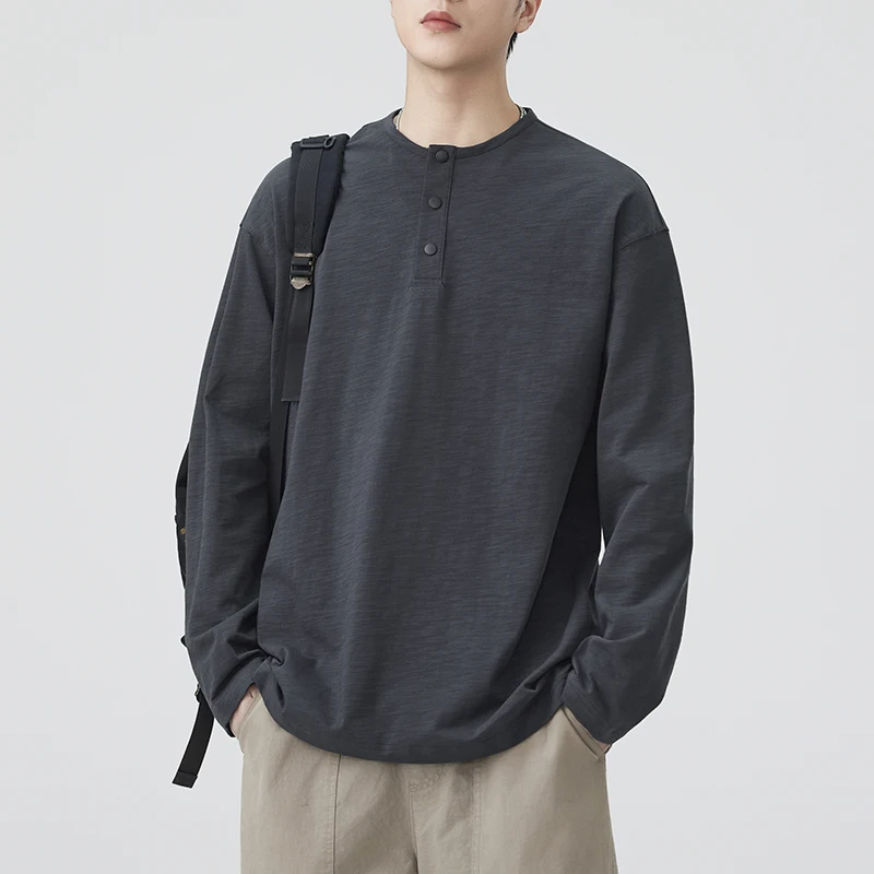 

Мужская футболка с длинным рукавом и воротником Хенли из бамбукового хлопка в стиле ретро, свободного кроя, осенняя новинка, простая и удобная модель