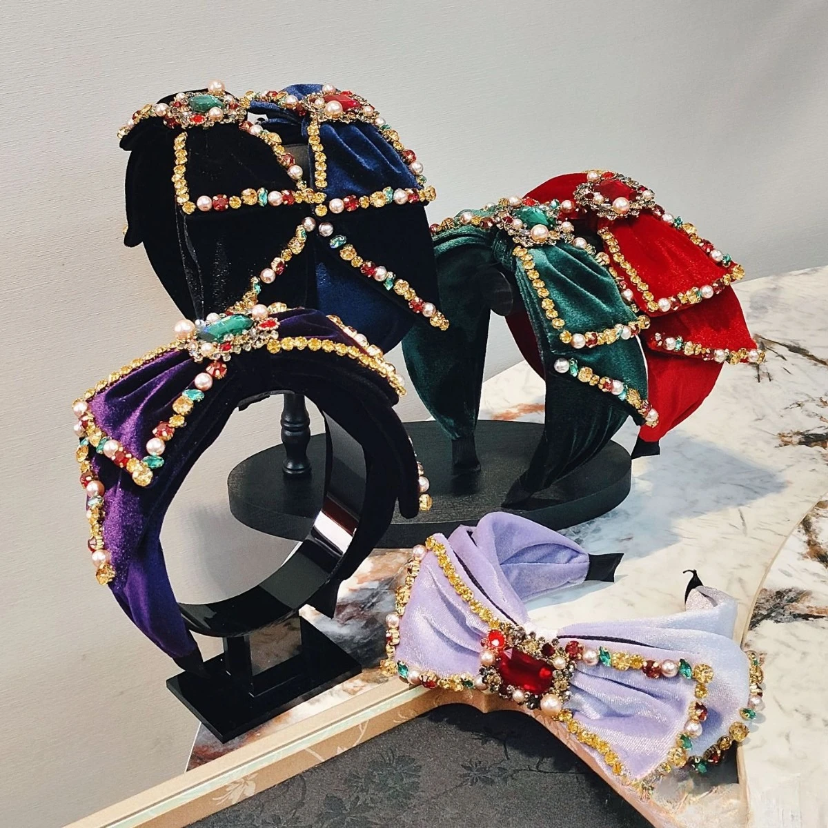European and American Retro High-End Multi-Layer Bowknot Rhinestone Headband Light Luxury Velvet Fabric Hair Accessory for Women
