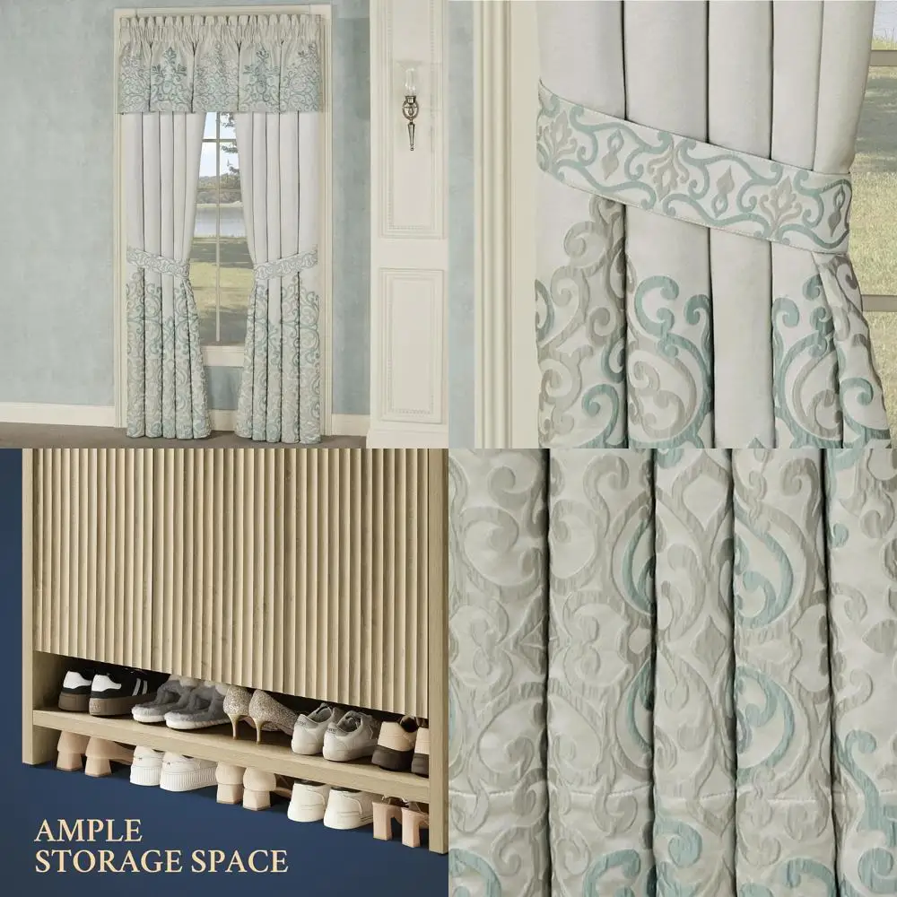 

luxurious avalon lined window treatment | sophisticated jacquard woven scroll | oyster spa silver gray | 2 piece set: tailored