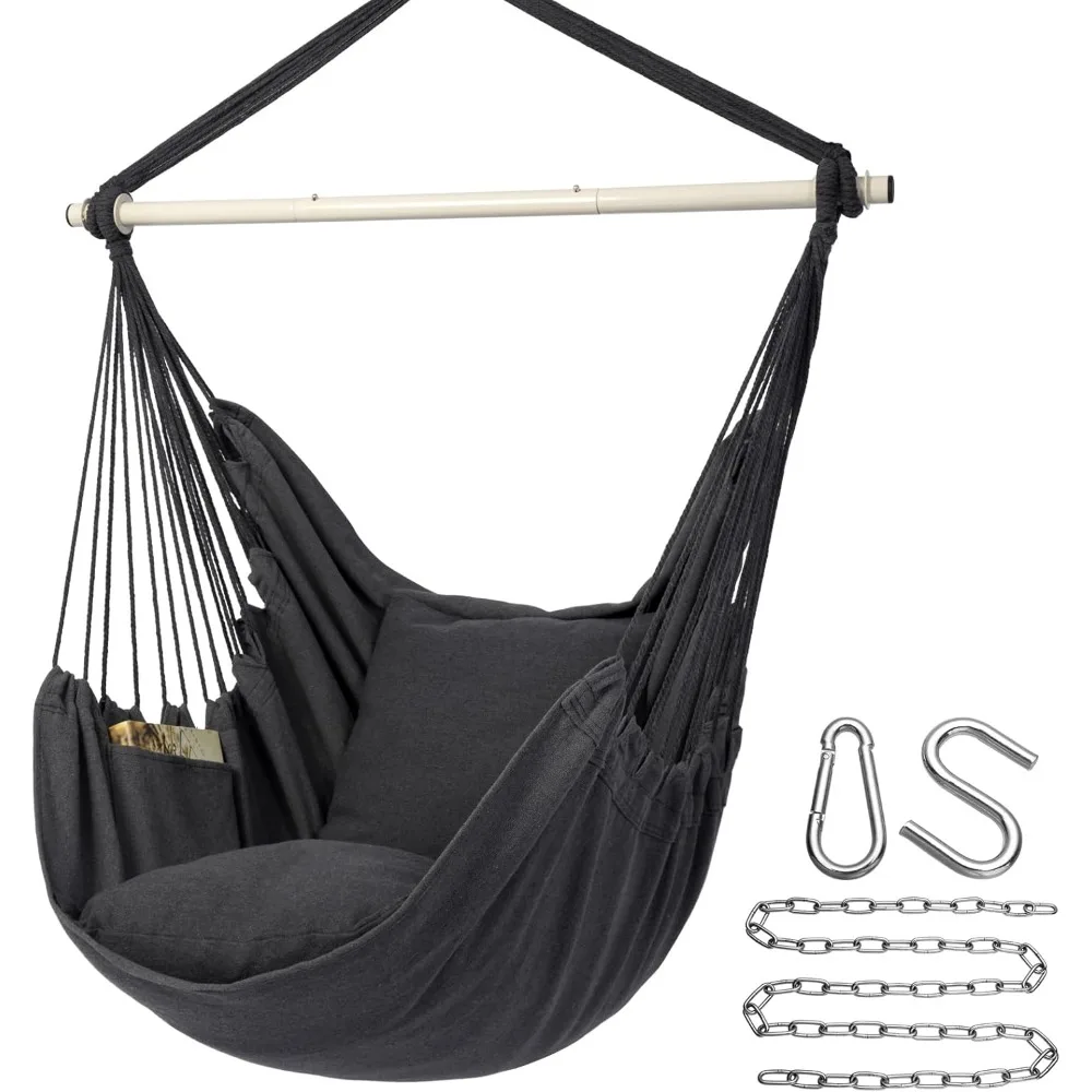 Hammock Chair Hanging Rope Swing Chair, Max 500 Lbs, 2 Seat Cushions Included, Removable Steel Spreader Bar with Anti-Slip Rings