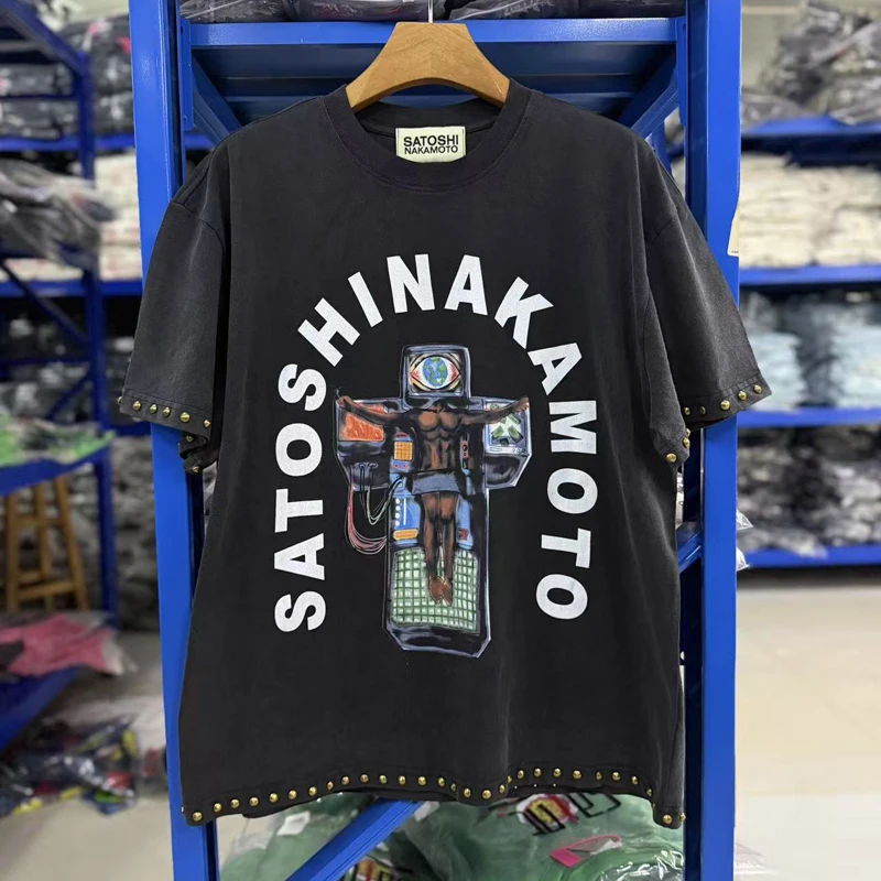 Vintage Men Womrn Real Photo High Quality Cotton Wash Do Old Rivet Short Sleeved T-shirt Stock