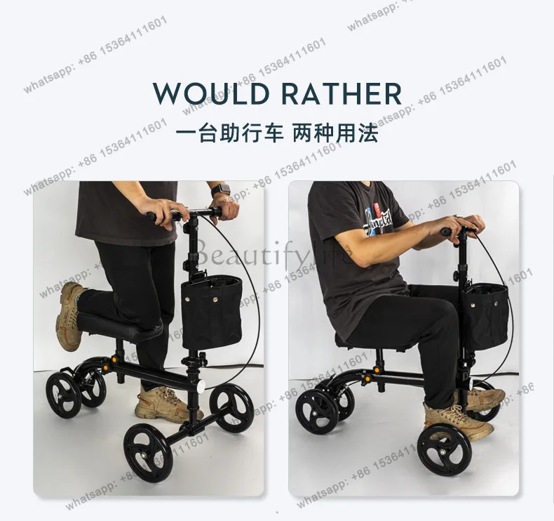 YJ Foldable Lightweight Walker With Seat For Single Leg Injury Knee Fracture Walking Aid