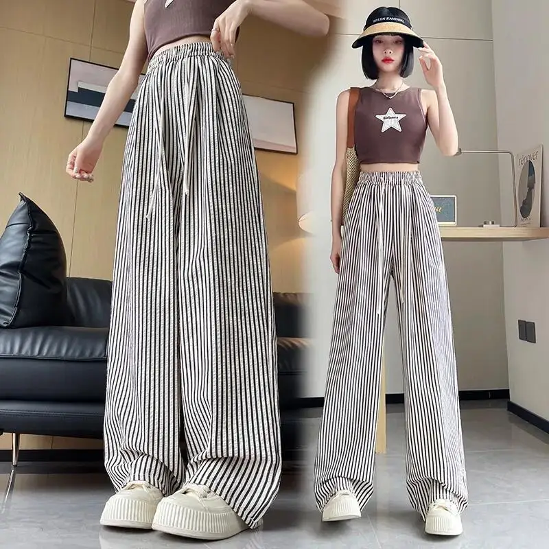 Pantaloni dimagranti a vita alta a gamba larga Pantaloni estivi sottili da donna BF Sle Pantaloni casual Strisce verticali Allentati Lazy Sle Drapey