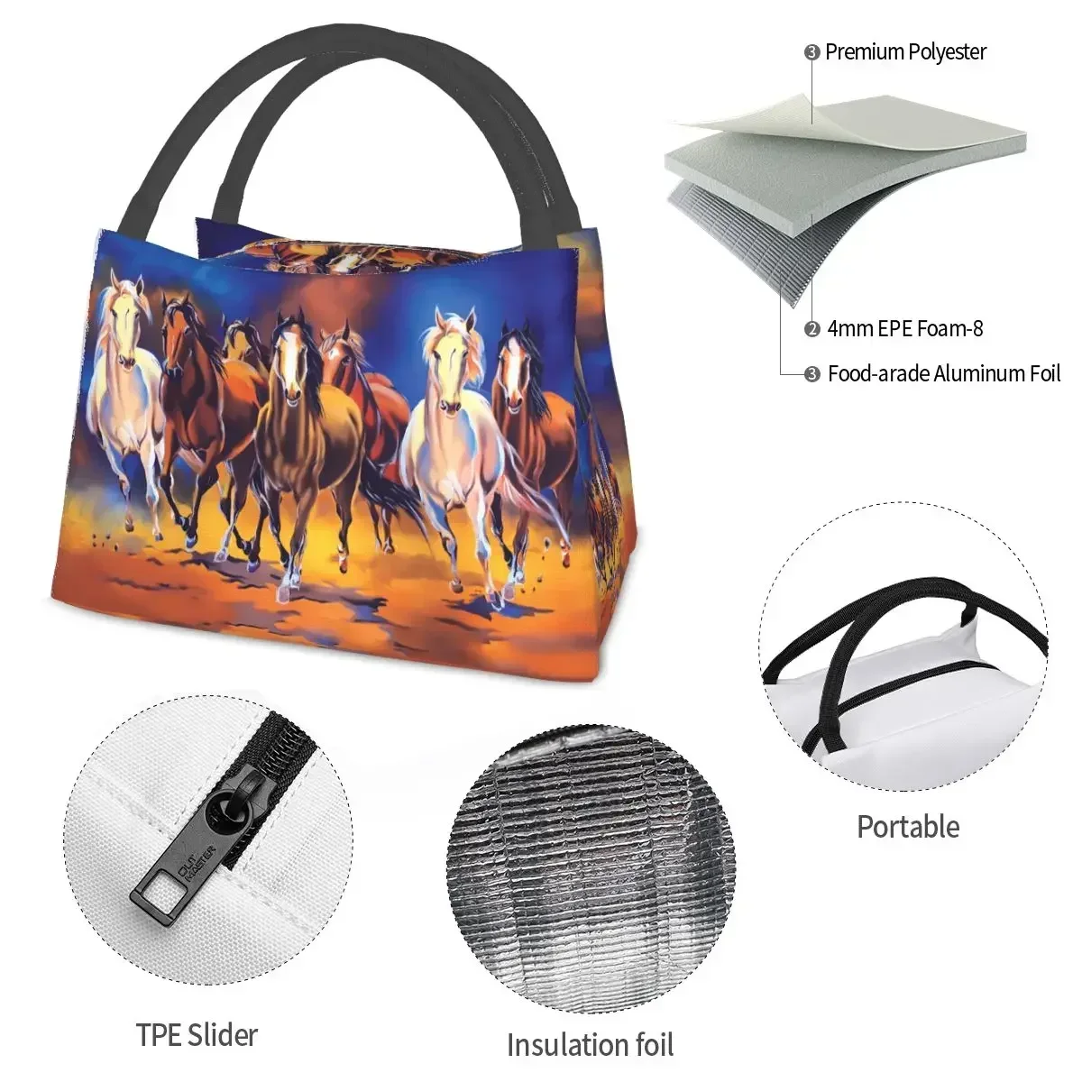 Seven Horse Painting In Vaastu Horses Lunch Box Merch Waterproof Insulated Canvas Cooler Thermal Cold Food Picnic Lunch Box