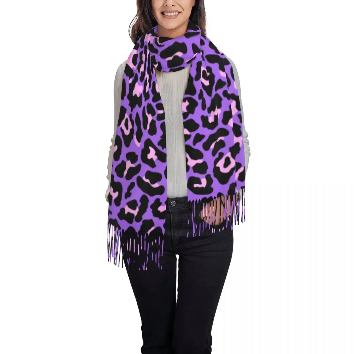 Neon Purple And Pink Leopard Seamless Pattern Scarf Women Fashion Winter Shawl Wraps Animal Cheetah Tassel Wraps