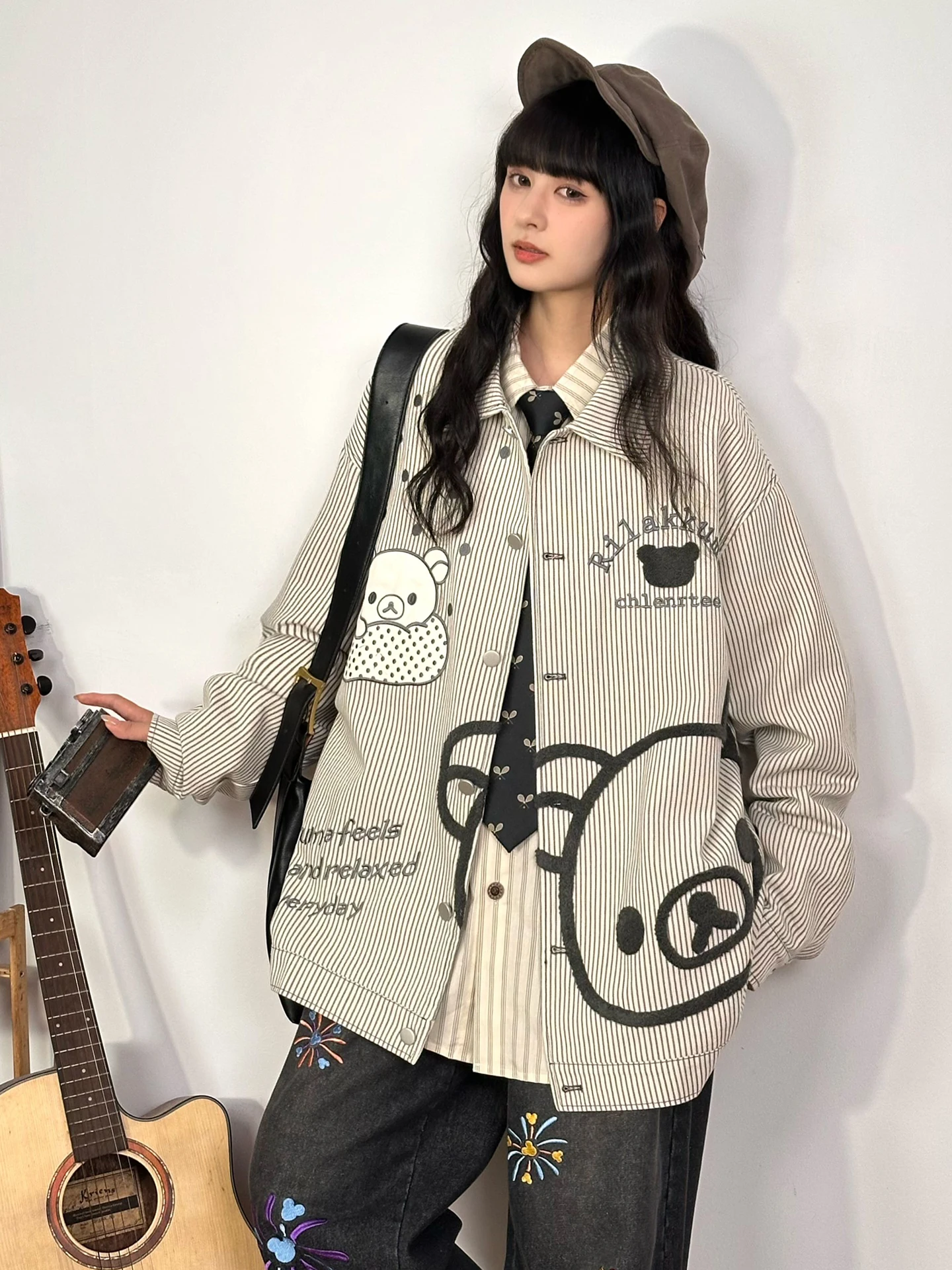 

Street Style Graffiti Bear Stripe Jacket Women's Loose Casual Top Warm Long Sleeve Button up Coat Casual Fun Cartoon Design