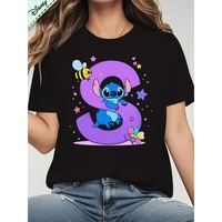 Disney Stitch Women's T-shirt Cute Cartoon S Letter Pattern Bee Star and Heart Pattern Round Neck Casual Cotton Short Sleeve
