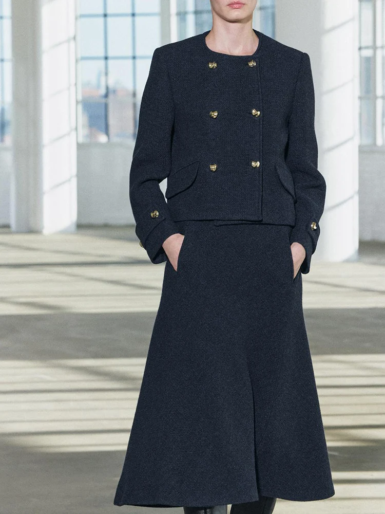 

Spring New Arrival Women's round Ne Coat with Button Decoration Mid-Calf Cloak Skirt Long Sve Faion Set 2025