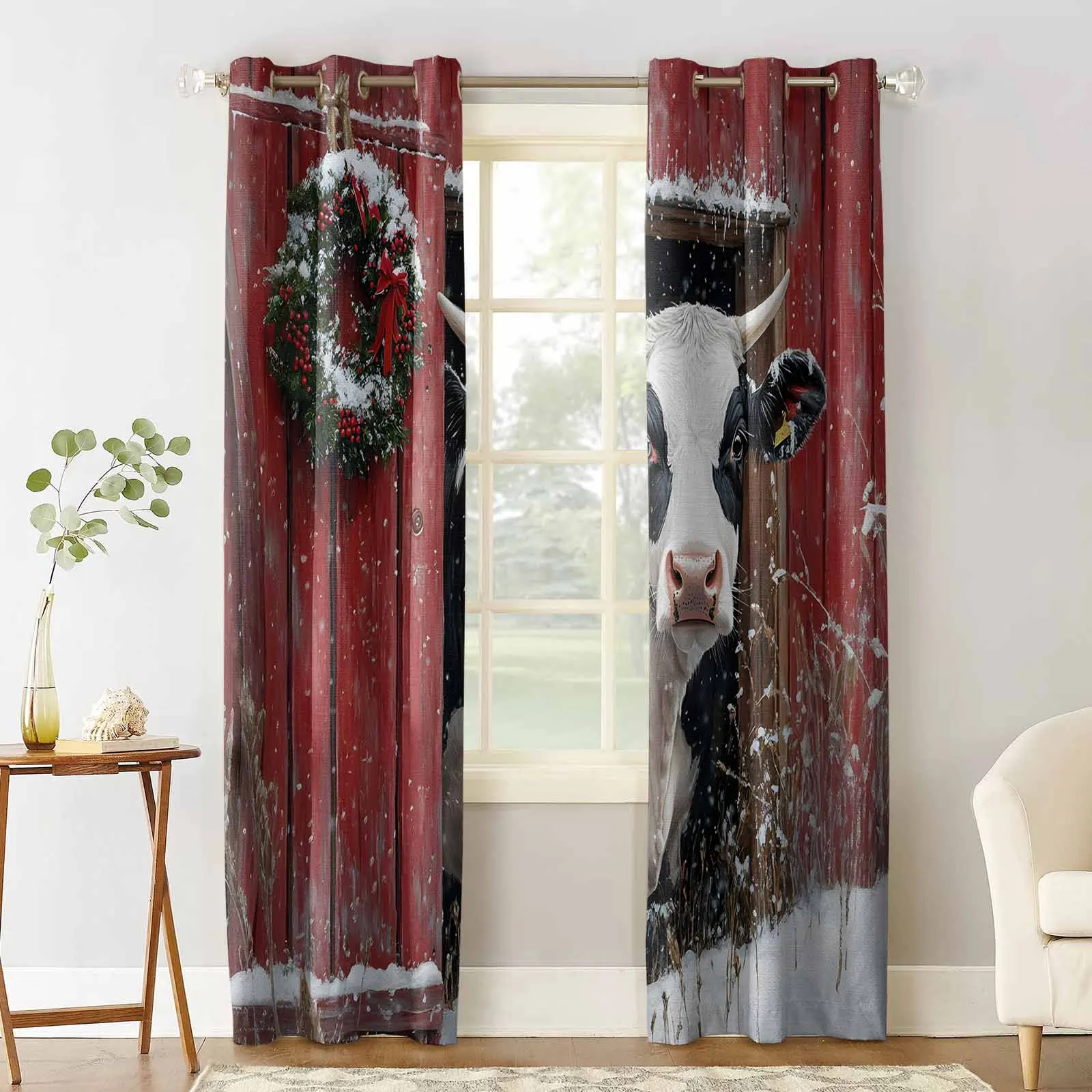 Christmas Farmhouse Cows Wreath Curtains for Living Room Bedroom Decorative Window Treatment Drapes Kitchen Curtains