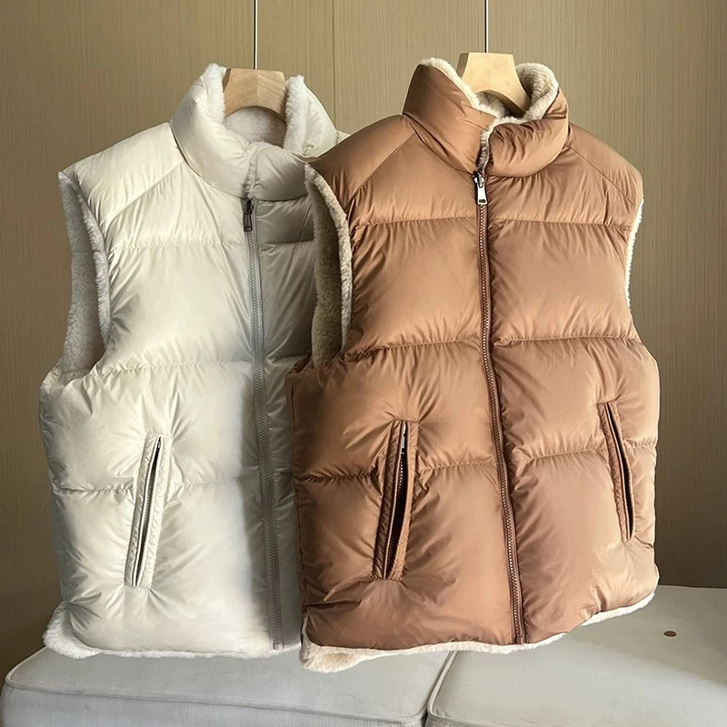 2025年冬新作 レディース スタンドカラー フォックスファー ダウンベスト Y2K 高品質 ファッション カジュアル ルーズ リバーシブル ベストジャケット
