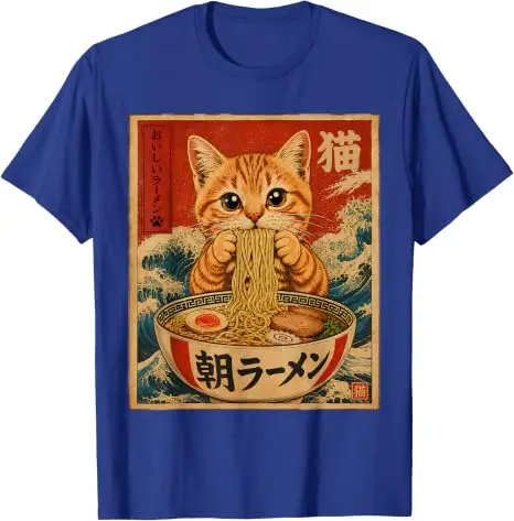 Lustiges Katzen-Ramen-Grafik Retro Japanisches Kawaii Anime Nudel T-Shirt Y2k Cartoon Weiches Baumwoll-T-Shirt für Frauen Männer Harajuku Tees – Detail 14