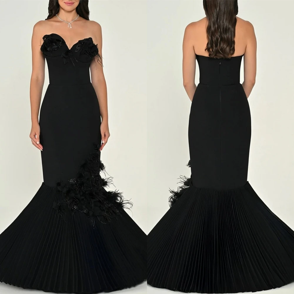 

Customized Elegant Black Organza Evening Dress Formal Strapless Sleeveless Celebrity Gowns Soft Feathers Zipper Back Prom Dress