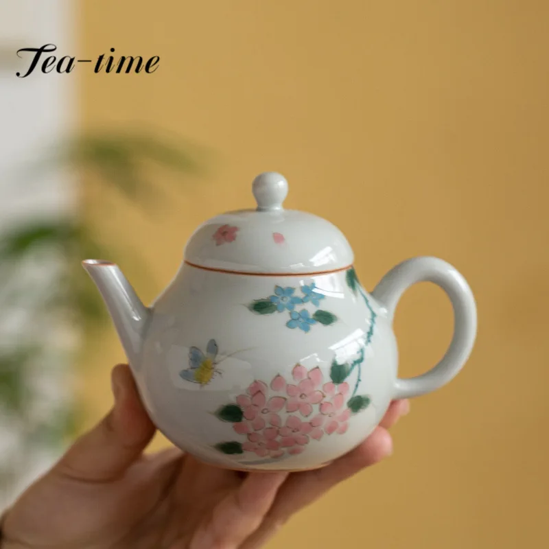 130ml Antique Hand-painted Hydrangea Ceramic Teapot for Literati Chinese Tea Brew Kettle with Ball Hole Filter Teaware Gifts