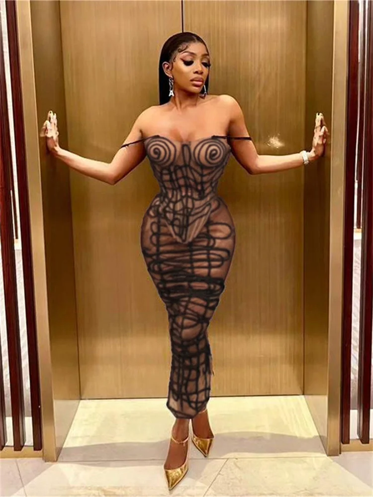 

InGrily Party Sexy See Through 2 Piece Set Women Stripe Print Camisoles+Long Skirts Matching Midnight Clubwear Coquette Suits