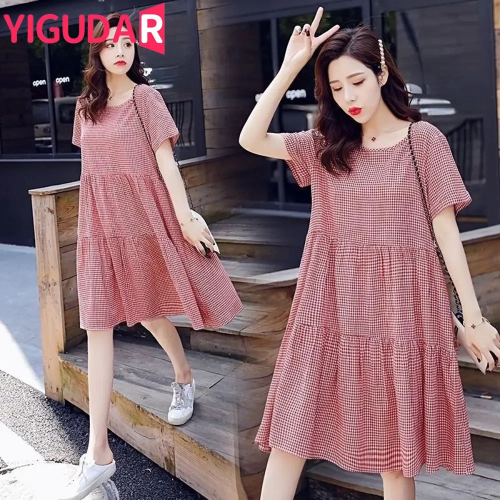 

2025 Summer Loose Maternity Fashion Dress Short Sleeve O-Neck Cotton Plaid Dress Pregnant Woman Loose A Line Dress vestidos