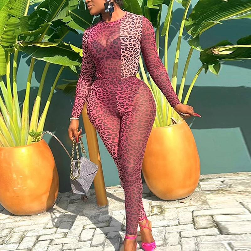 Sexy Leopard Gedruckt Sheer Club Outfits Frau Zwei Stück Set Lange Hülse O-ansatz Overall Top und Hosen Nacht Party Passenden Sets