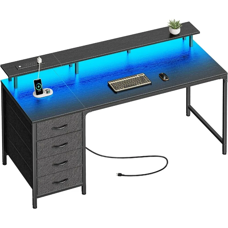 

55 Inch Computer Desk with Power Outlets and LED Lights, Gaming Desk with 4 Drawers, Office Desk with Monitor Stand