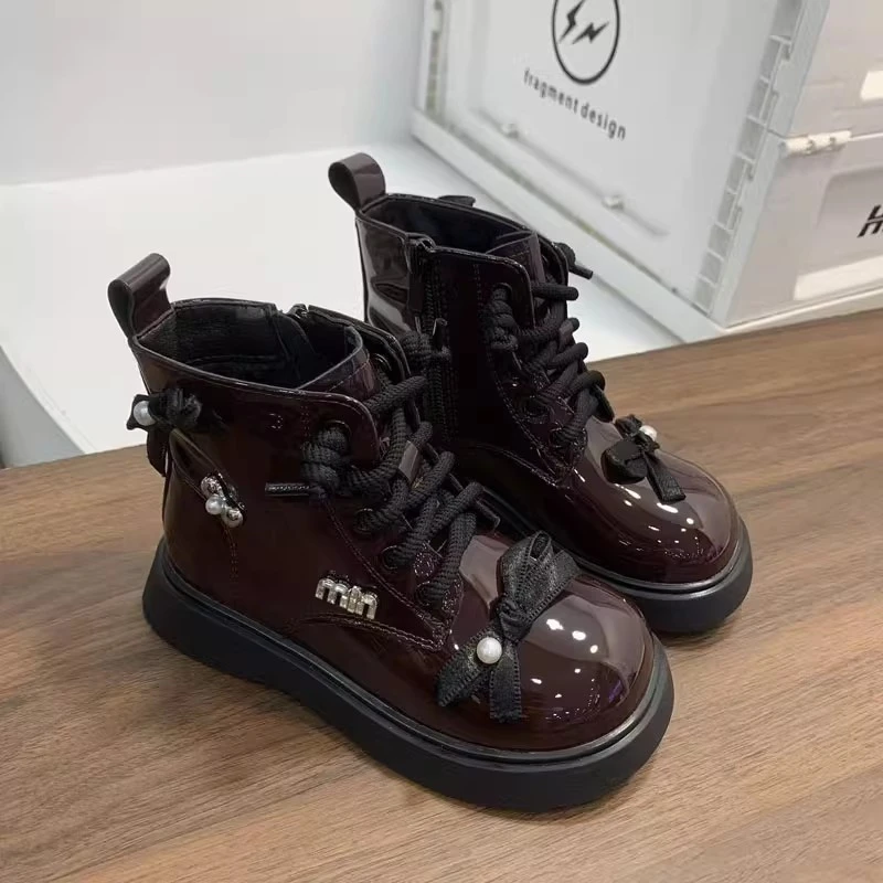 Girls Ankle Boots Bow Pearl Decor Lace-Up Side Zipper Plush Lined Warm Non-Slip Kids Booties for Autumn Winter Outdoor School