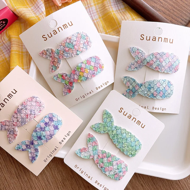 2pcs New Glitter Sequin Mermaid Tail Clips, Kids BB Fringe Side Clips, Sweet Cute Colorful Sequin Girls Hair Clips, Daily Wear