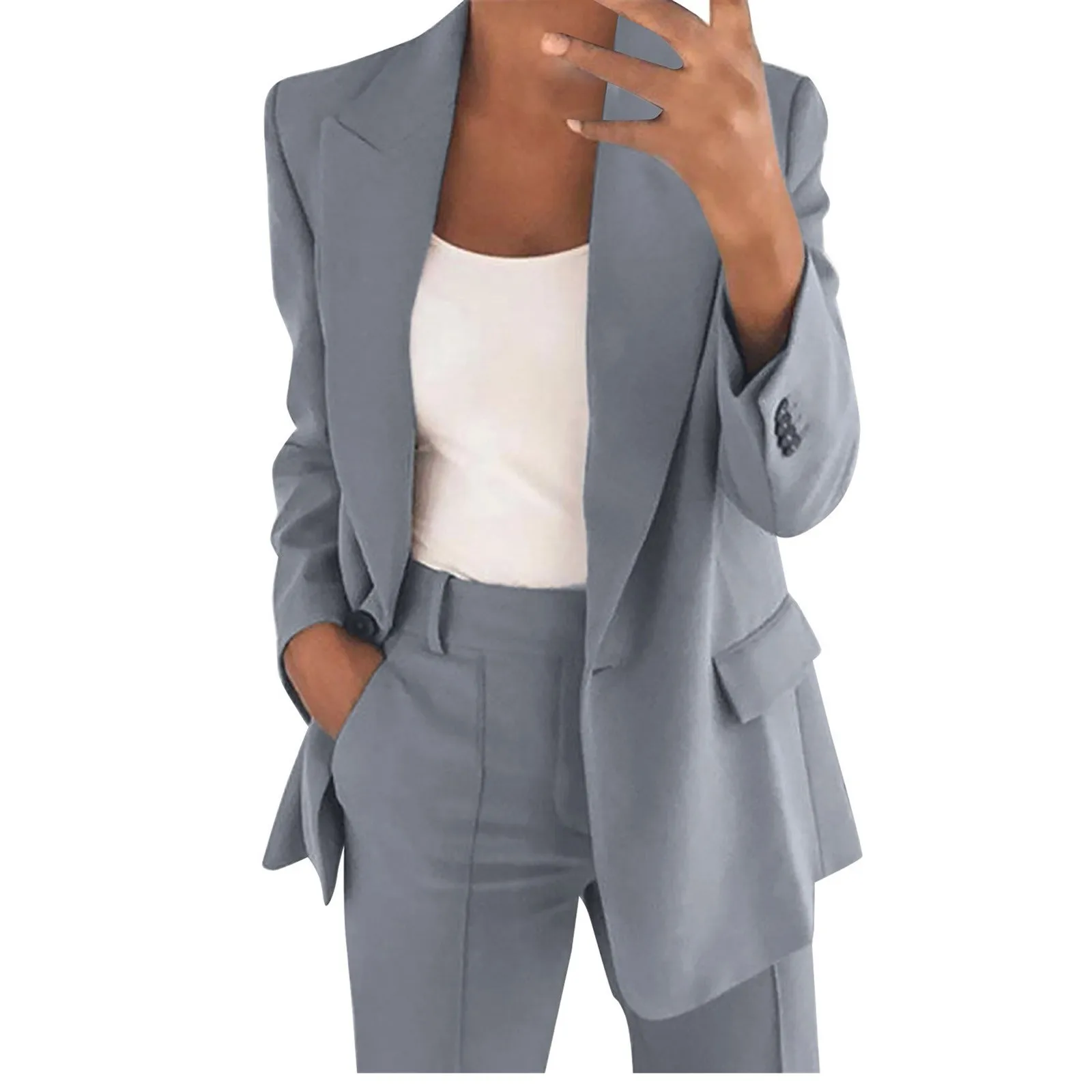 Women\'s Two Piece Lapels Suit Set Office Business Long Sleeve Button Formal Jacket + Pant Suits Slim LooseTrouser Jacket Suit