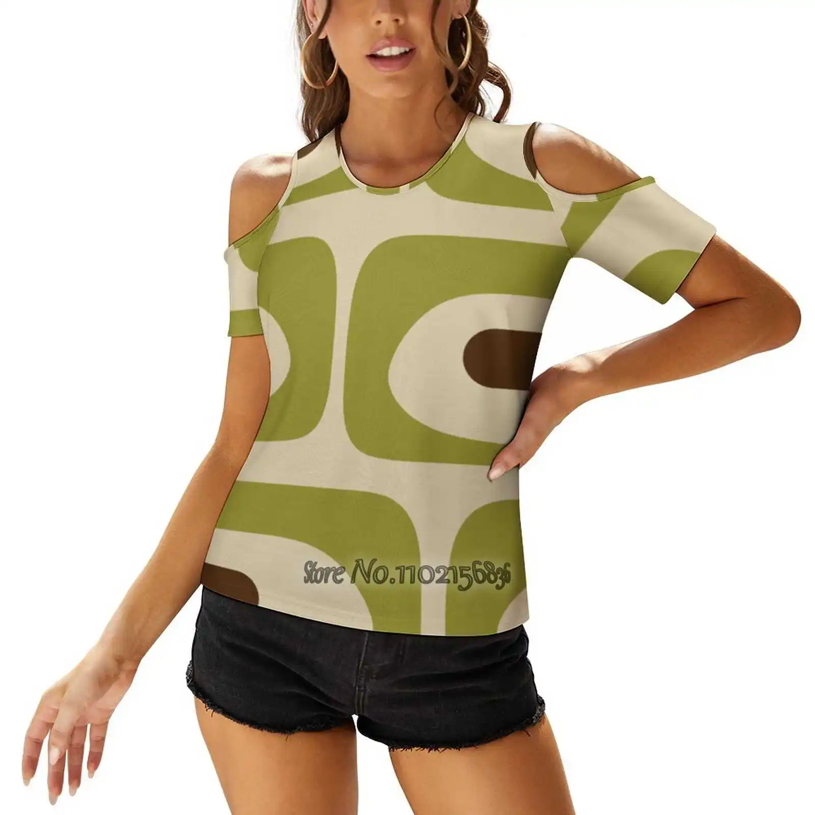 Mid Century Modern Piquet Abstract Pattern Beige Avocado Green Woman Tshirts Printed Tops O-Neck Back Lacing Top Fashion