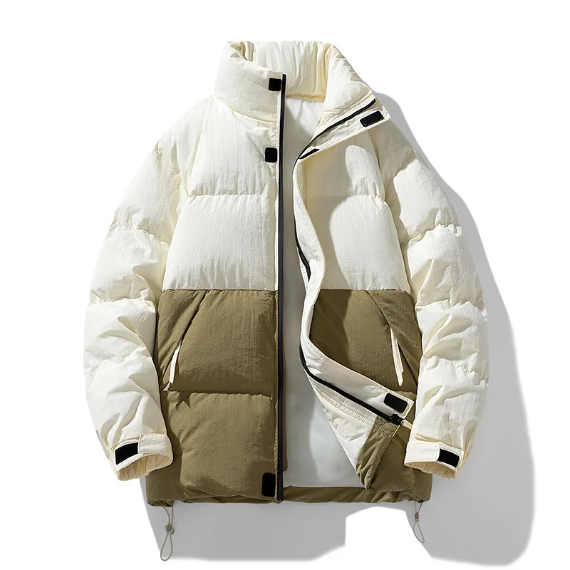 Man Down Jacket Winter Thicken Warm Patchwork Loose Male Outerwear Fashion Stand Collar Long Sleeve Loose Zipper Men Coat