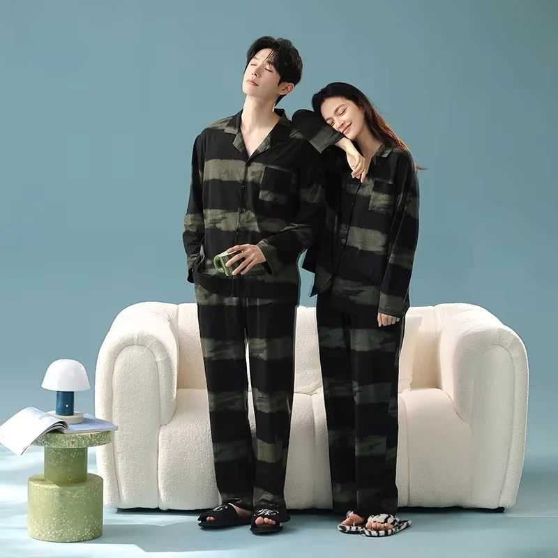 Autumn Couple's Dyeing Striped Long Sleeve Pajama Set Women's 100% Pure Cotton Home Suit Set Men Casual Underwear Sleep & Lounge