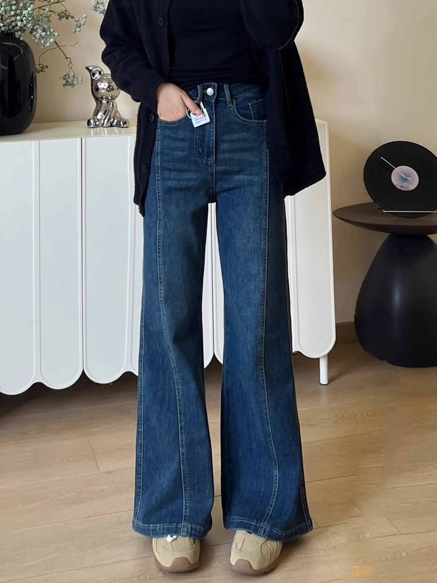 Blue Fleece Lined Flared Jeans Women's Autumn Winter High Waist Wide Leg Pants Pear Shape Body Concealing Slimming Long Trousers