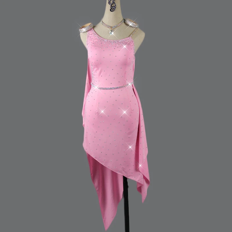 Vestido de baile latino elegante para mujer, vestido de baile rosa, diamantes de imitación brillantes, Flamenco, Rumba, Salsa, personalizado, niño