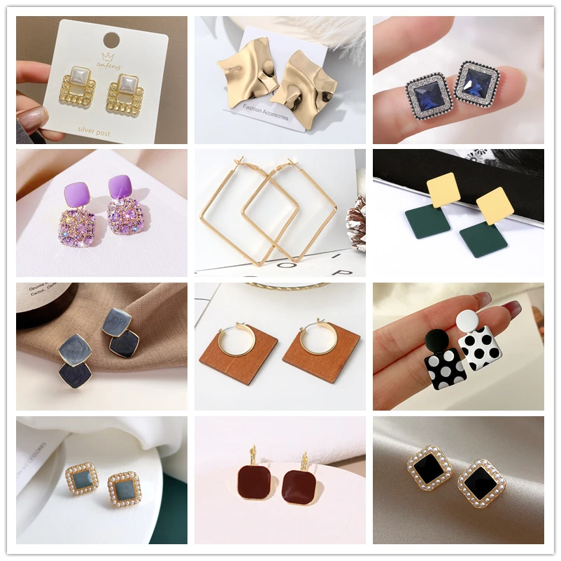 Korean Style Geometric Square Drop Earrings for Women Personality Simple Metal Crystal Enamel Pearl Rhombus Statement Brincos