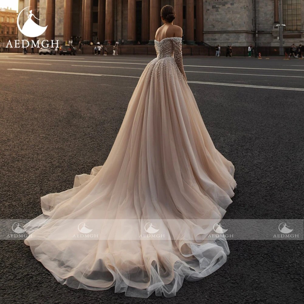 Aedmgh A-Line Graceful Wedding Dresses Sweetheart Off The Shoulder Vestido De Novia Beaded Pearls Chic Custom Made Bridal Gown