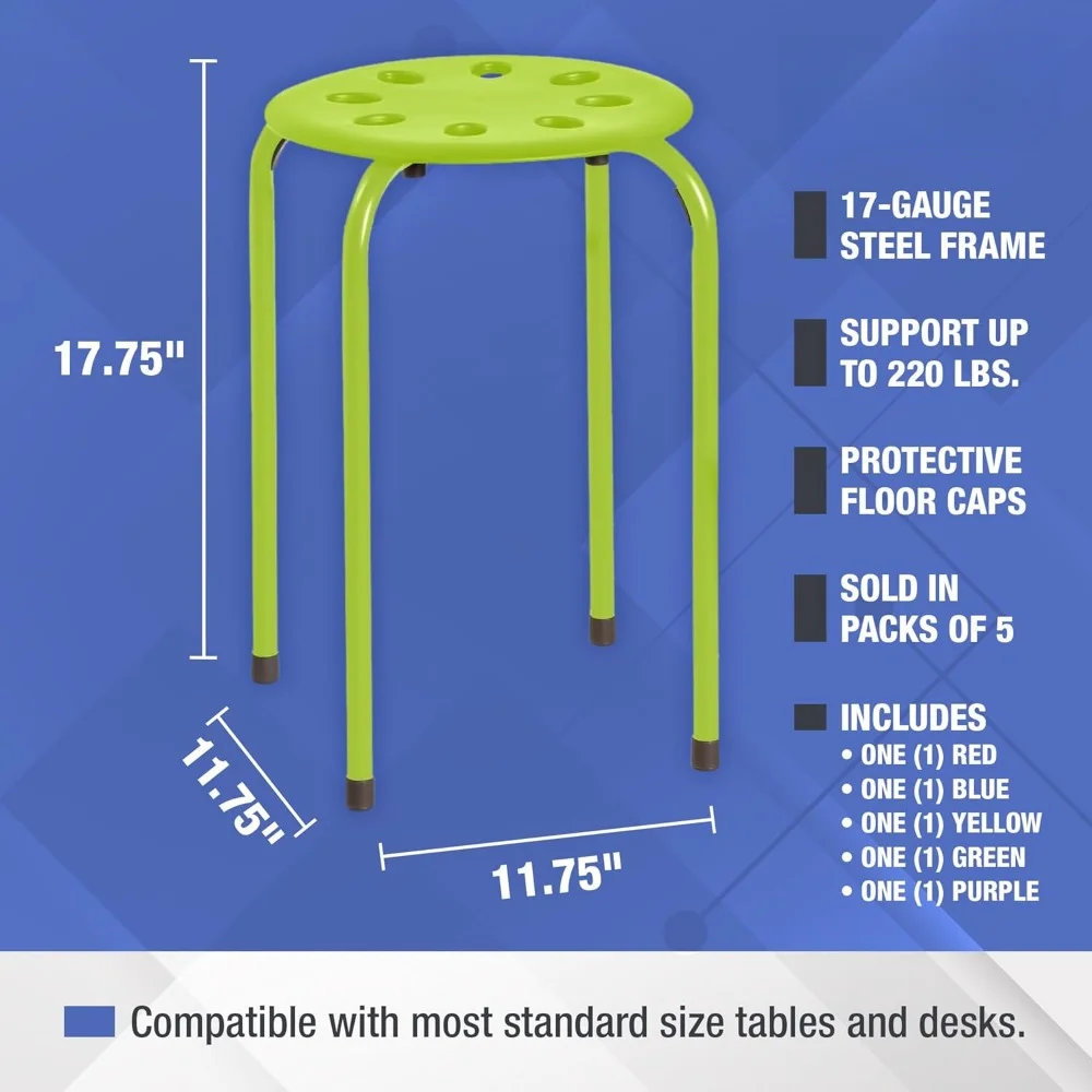Taburetes apilables para niños y adultos, taburetes portátiles de 17,75 pulgadas de altura estándar, varios colores, 5 paquetes