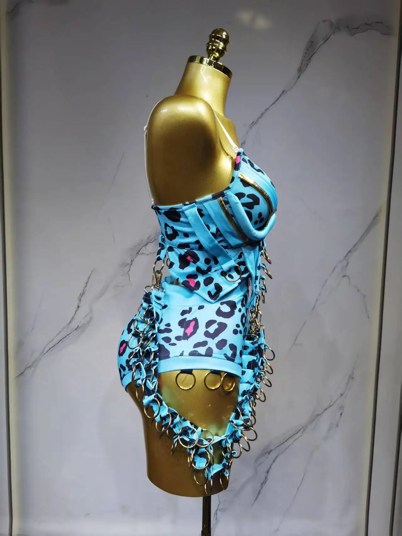 الأزرق ليوبارد سلسلة ارتداءها الزي مثير جوجو ملابس الرقص القطب ملابس رقص للنساء مرحلة الأداء ارتداء DJ