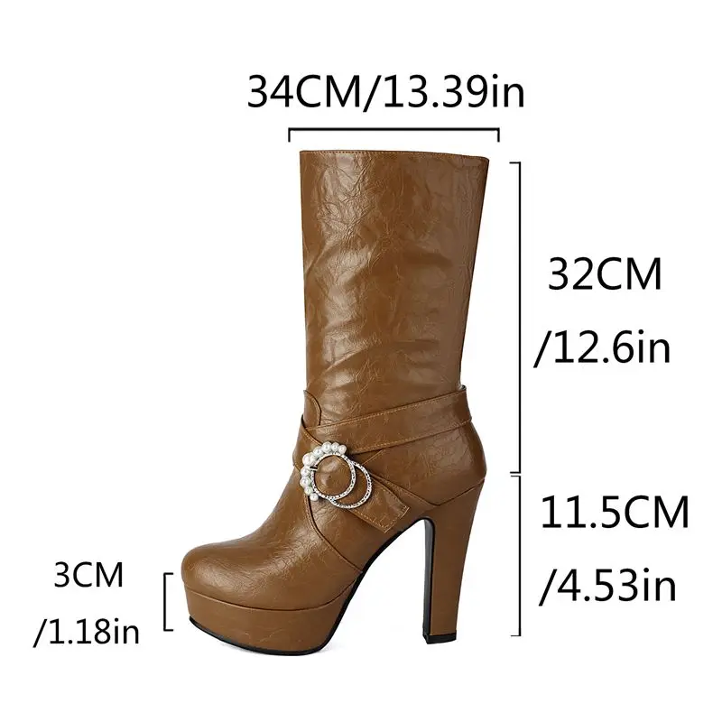 

ORCHA LISA Fashion Classic Women's Mid Calf Boots Round Toe 11.5cm Chunky Heel 3cm Platform Belt Buckle Pearl Size 45-47 Daily