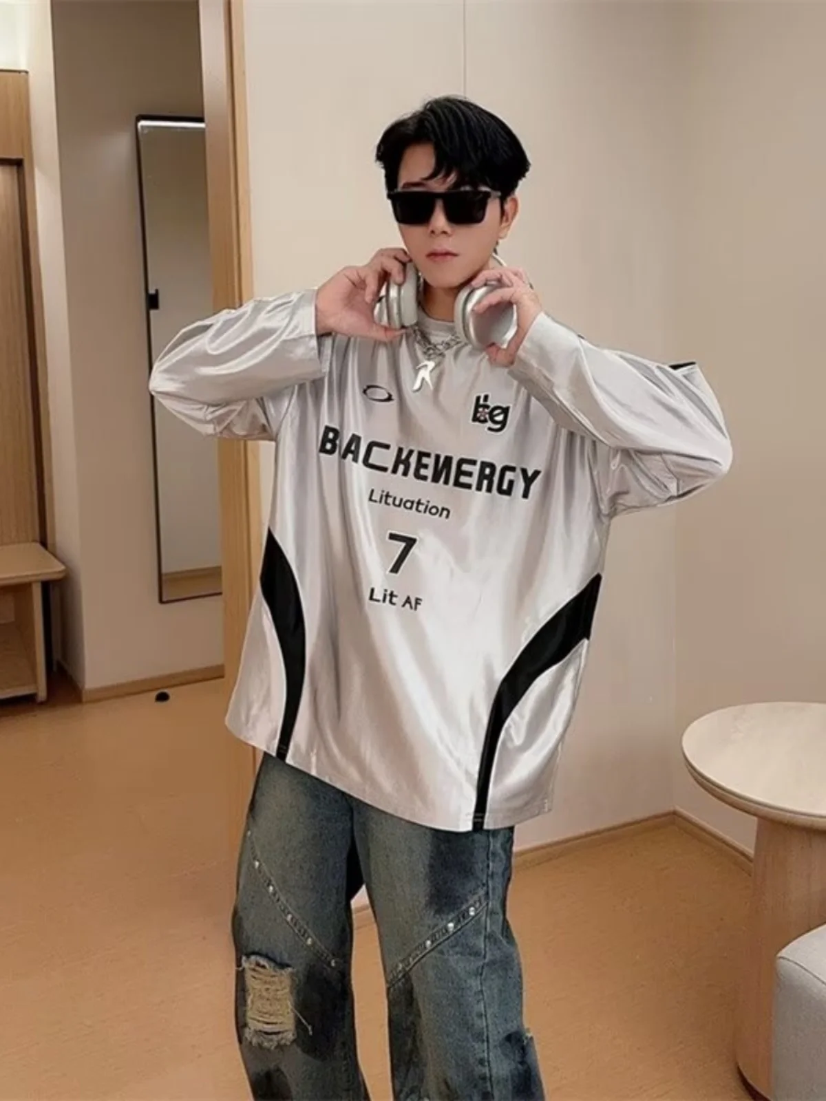 

American High Street Hiphop Color Blo Letter Print Sweatirt Long Sve ex Korean Sle Ice Silk Casual Top