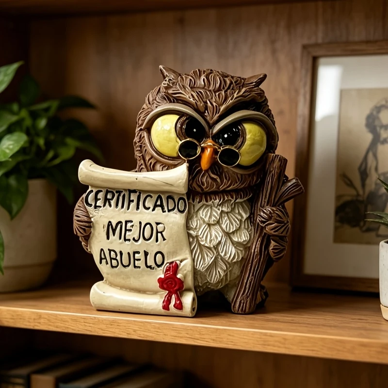 Resin Owl Figurine With Certificate Best Grandfather, Brown White Mini Owl Statue Desktop Home Decor Grandpa Gift