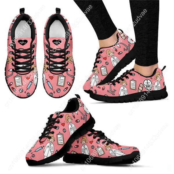 Cartoon Sketch Physio Print Flats Shoes Women Casual Mesh Summer Nurse Sneaker Light Lacing Footwear For Teen Girls New Fashion