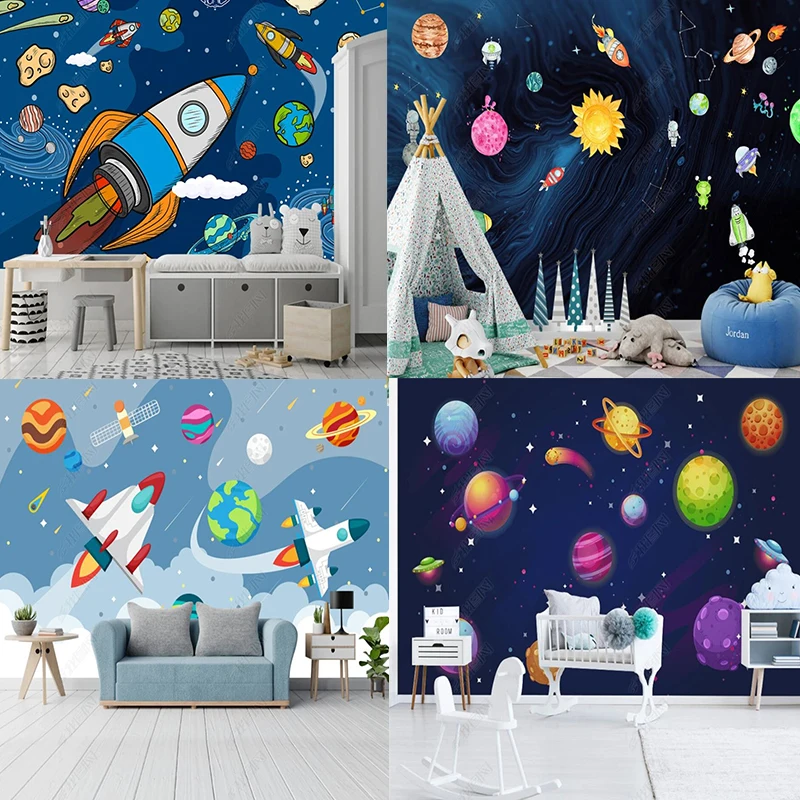 

Nordic Hand-painted Universe Space Planet Rocket Children's Room Boys 3D Wall Paper Home Decor Custom Mural Kids Room Wallpaper