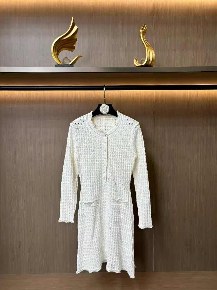 Spring and Summer Hollow Crochet Long Sleeved Knitted Dress with Small Suspender Design Mid Length Skirt