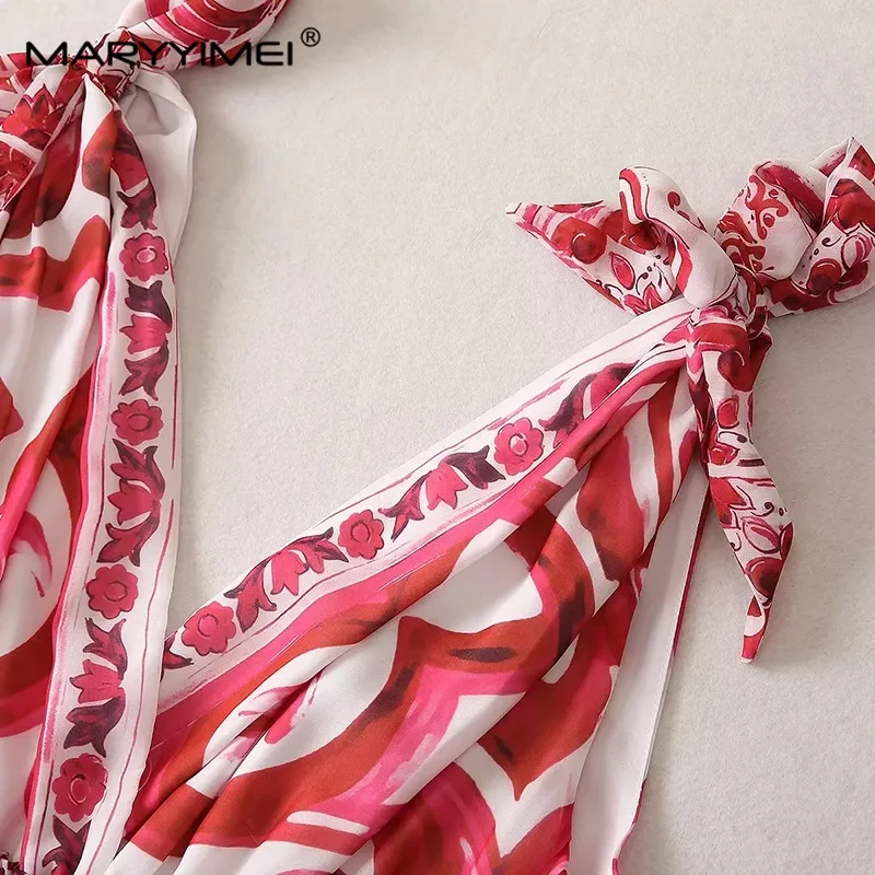 MARYYIMEI Lente Zomer Mode Vintage vrouwen Mouwloze jurk Rood porselein gedrukt Elastische Taille V-hals Grace Lange Jurken