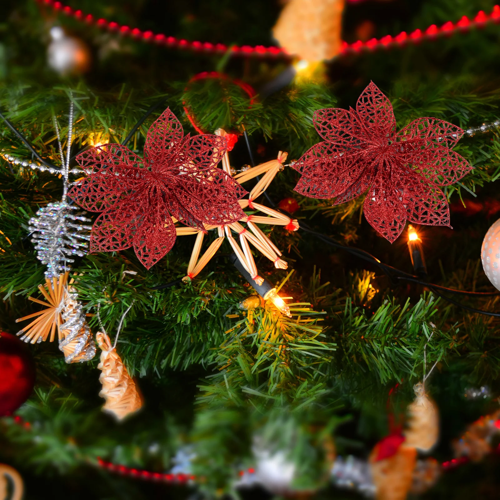 

24Pcs Christmas Tree Wreath Flowers Red Lightweight Easy Attach Garland Decorations Festive Atmosphere Simulated Wreath Flowers