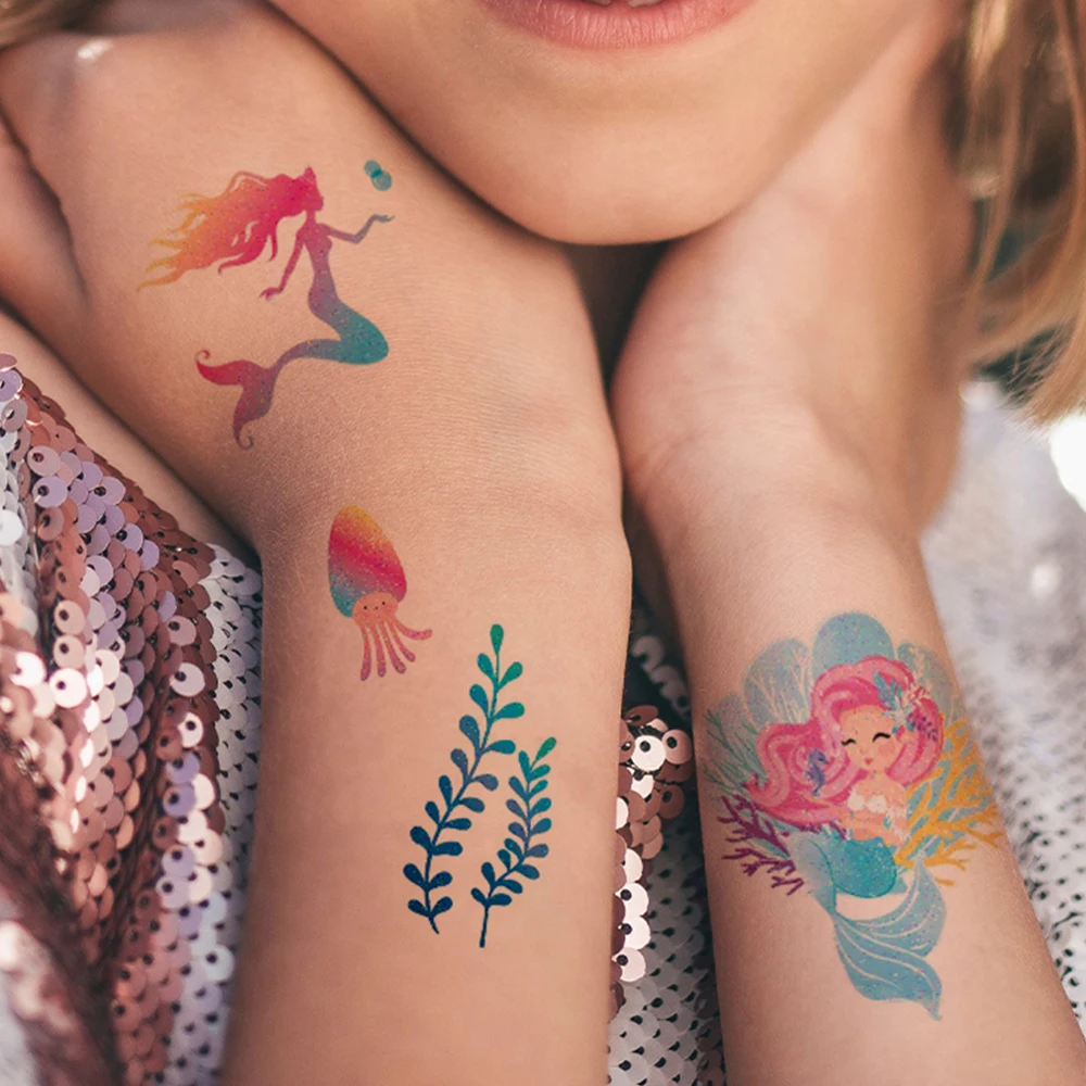 12pcs Kids Unicorn Mermaid Tattoo Colorful Glitter Powder Waterproof Temporary Sticker Cute Cartoon Body Art Arm Fake Tattoos