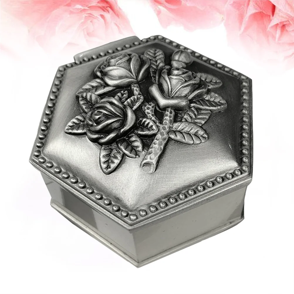 

Jewelry Storage Container Vintage Trinket Box Alloy Rose Pattern Organizer for Rings Necklaces Bracelets Earrings