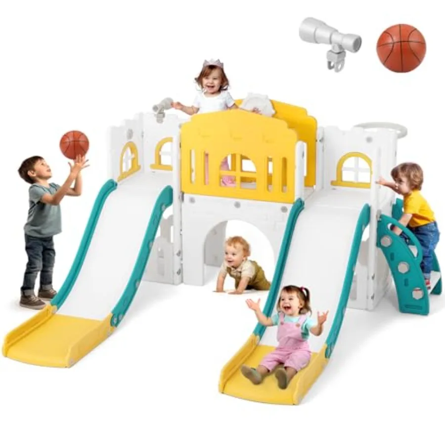 

9 in 1 Toddler Slide Toddler Playground with Double Slides Climber Basketball Hoop Tunnel Telescope Storage Space and Non-Slip