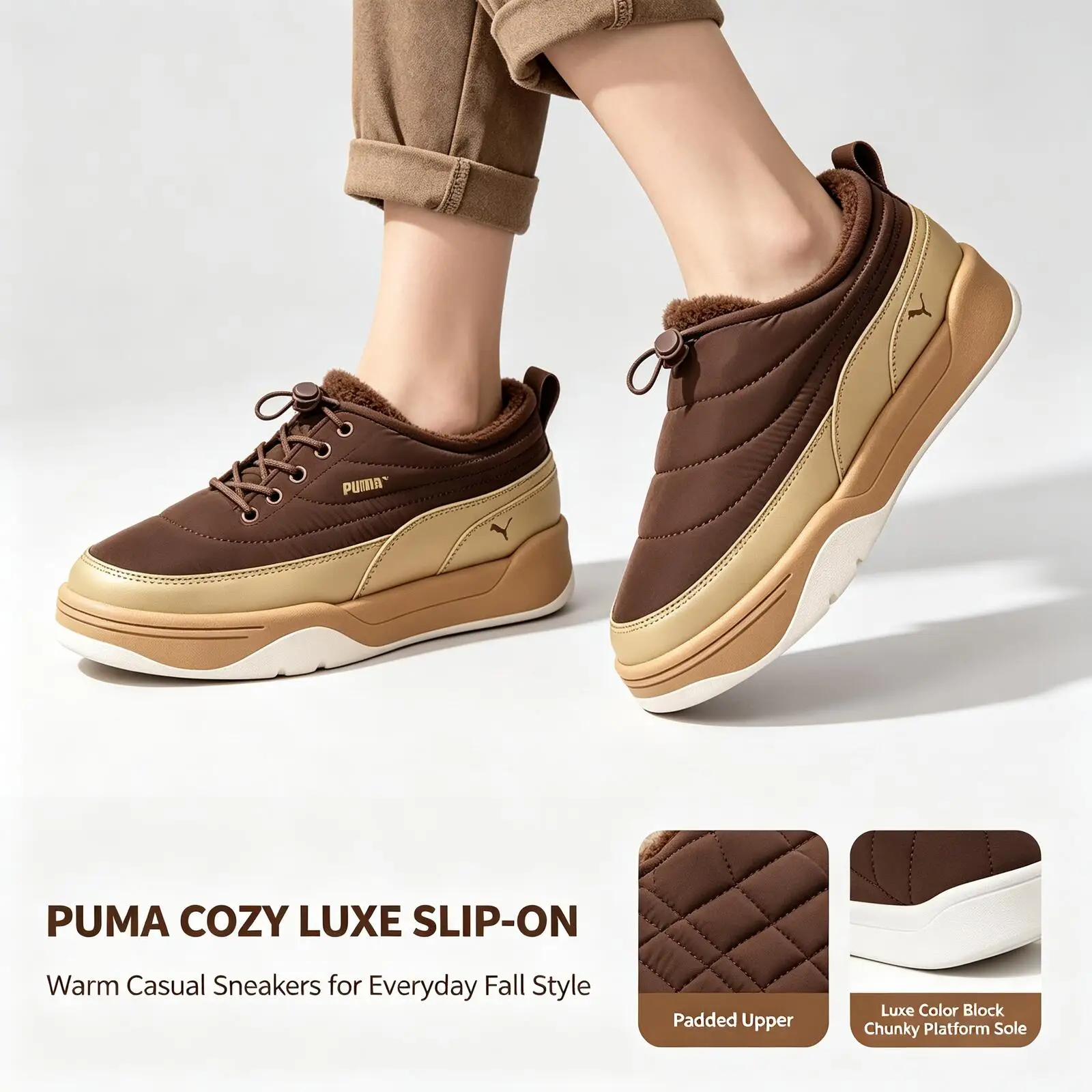 New Puma Brown Gold Slip-On Sneakers for Men Women Cozy Chunky Sole Casual Fall Walking Shoes Casual Shoes 397661-04