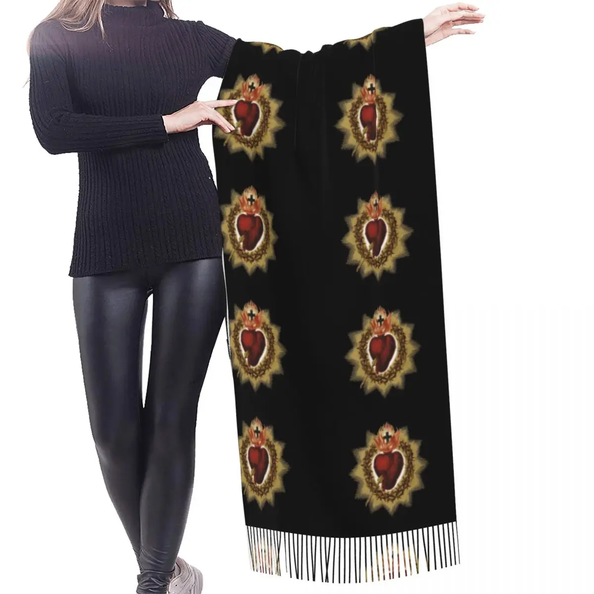 Custom Lady Long Sacred Heart Of Jesus Catholic Scarves Women Winter Fall Soft Warm Tassel Shawl Wrap Christian Faith Scarf