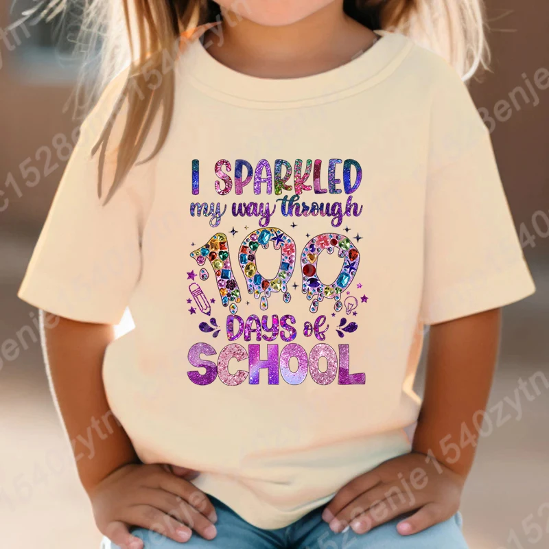 I Sparkled My Way Through 100 Days Of School Graphic Tee Shirts Children Girls T Shirt Summer Short Sleeve Round Neck Loose Tees